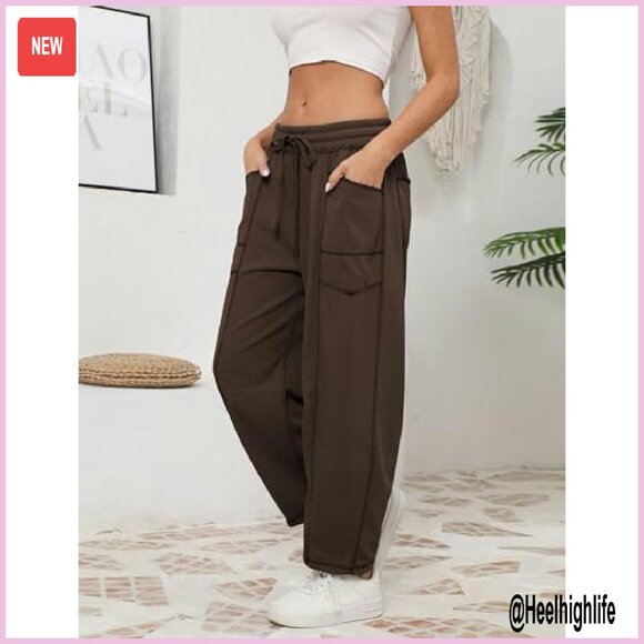 Wide Leg Sweatpants with Drawstring Waist & Pockets - Cotton Blend Lounge Pants - Picture 6 of 8
